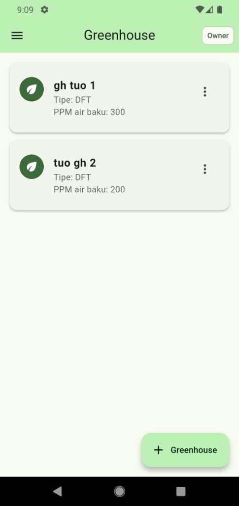 Tampilan daftar greenhouse di aplikasi Jaltani